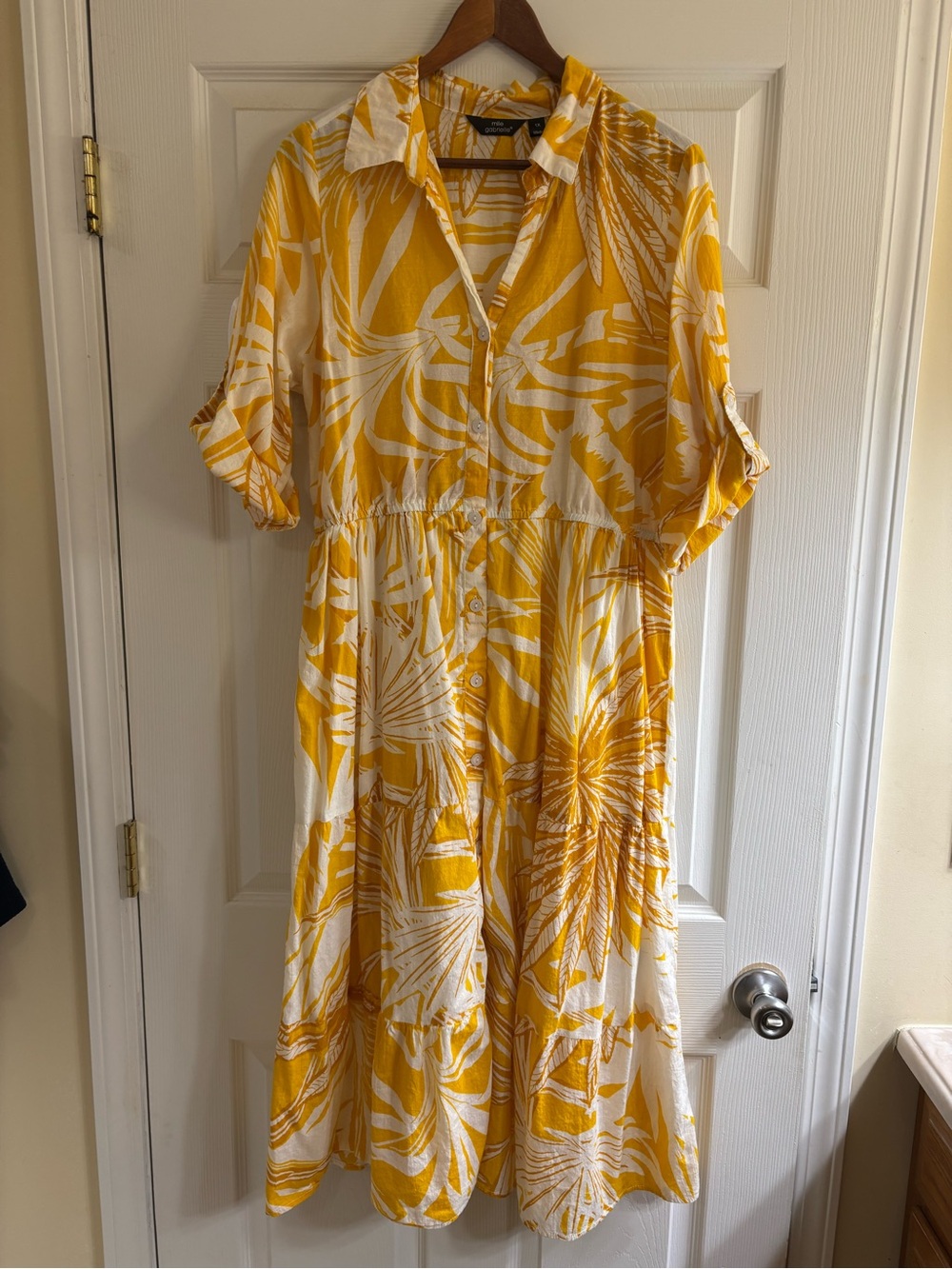 Mlle Gabrielle Yellow and White Tropical Midi Shirt Dress